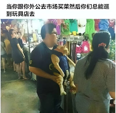 图片展示了一位戴眼镜的中年男子在市场中手持一个大型毛绒玩具的场景。男子穿着深色T恤，周围有其他购物者和挂满商品的摊位。图片上方配有文字：'当你跟你外公去市场买菜然后你们总能逛到玩具店去'，幽默地描绘了外公带着孙子买菜却被玩具店吸引的温馨日常情景。