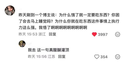 这是一张社交媒体评论区截图，共展示两条网友评论：第一条评论发布地为浙江，配有真人女性头像，内容是称自己刷到某博主的疑问“为什么饿了就一定要吃东西？你困了会去马上睡觉吗？为什么你就在吃东西这件事情上执行力这么强”，表示自己看完恍然大悟，该评论获3997个点赞；第二条评论发布地为江苏，配有动漫人物头像，内容是感慨该博主的表述醍醐灌顶，获354个点赞，整体内容围绕当代人仅在进食这件事上保有高行动力的现状展开。