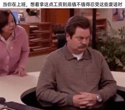 这是一张引发职场人共鸣的梗图，图片上方配有文字“当你在上班，想着拿这点工资到底值不值得忍受这些废话时”，画面截取自动美剧《公园与游憩》的办公室场景：前景的男性角色罗恩·斯旺森双手交叠放在身前，眉头紧皱、面色凝重，满脸都是烦躁又不得不隐忍的神情；背景处的女性角色双手撑在桌边，身体前倾，似乎正在和他交流。整幅画面精准还原了打工人在工作中面对无意义沟通时，纠结薪资是否匹配这份忍耐的无奈心态，戳中了众多职场人的日常痛点。