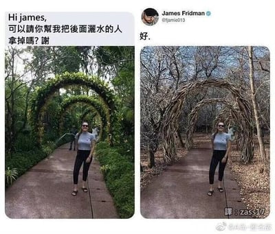 这是一张左右对比的搞笑P图作品，左侧为用户提供的原图：一位戴着墨镜的女士站在被茂密绿植覆盖的步道拱门前，背景处有一个正在洒水的人；右侧是国外博主James Fridman修改后的图，他没有直接移除背景里洒水的人，而是完全更换了整个场景，将生机勃勃的绿植拱门改成了枯树枝搭建的拱门，周围的树木也都变成了无叶的枯树，原本充满绿意的环境变得萧瑟，以此字面化地满足用户“拿掉后面洒水的人”的请求，因为场景改变后洒水的人也随之消失，这种不走寻常路的硬核P图方式制造出强烈的反差感，充满了荒诞搞笑的效果。