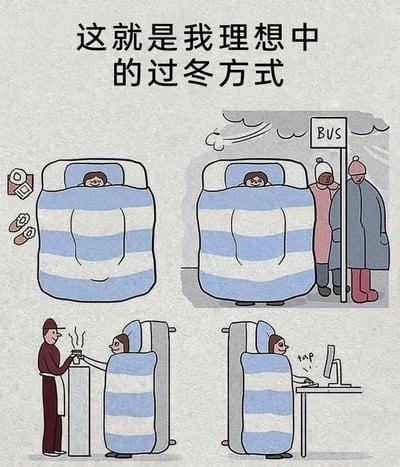 这是一幅四格连环卡通漫画，顶部配文“这就是我理想中的过冬方式”，用夸张幽默的手法描绘了人们冬季贪恋被窝的趣味心态：左上角的画面里，被窝旁摆放着食物、拖鞋，主角不用起身就能拿到所需物品，惬意地躺在被窝里；右上角的场景中，这个被窝“长”出了轮子，直接移动到公交站，主角待在被窝里等车，旁边是裹得严严实实、冻得缩在一起的路人；左下角的画面里，移动被窝来到餐厅，服务员直接把热饮递到被窝里的主角手中；右下角的场景中，被窝被挪到了办公桌前，主角在被窝里就能操作电脑办公，画面标注“tap”模拟敲击键盘的声音。整幅漫画通过将被窝设计成可移动的载体，满足了不用离开温暖被窝就能完成所有日常事务的懒人幻想，精准戳中很多人冬季的真实心态，引发共鸣。
