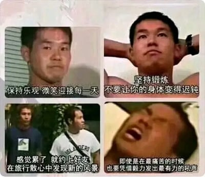 四格梗图，将“野兽先辈”（田所浩二）镜头与励志语录结合，表面正能量实则玩梗。常见于B站、贴吧“恶臭梗”语境中，用于自嘲、整活、吐槽，体现圈内双关、反差幽默。语录内容模仿主流鸡汤文句，但角色出自恶臭梗亚文化，形成极强反差。适合贴吧、群聊、社交网络整活发图。