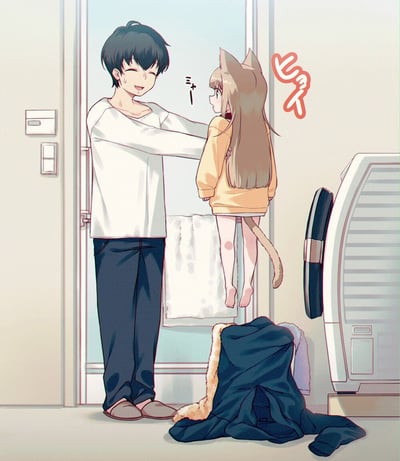 室内场景中，一位穿着白色长袖上衣和深色裤子的温柔少年正轻推着一位有着棕色长发、猫耳和尾巴的少女。少女穿着黄色毛衣和短裙，表情略显惊讶，双脚微微离地。背景中有一扇窗户，窗台上搭着一条白色毛巾，旁边有一个白色的家电。画面右侧有红色的日文拟声词"ピュア"，营造出纯真温馨的氛围。
