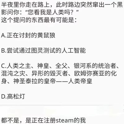 这是一张纯文字梗图，以选择题形式呈现幽默内容。场景设定为半夜走路时遇到黑影询问"您看我是人类吗？"，提供四个选项（讨封黄鼠狼、图灵测试AI、夸张头衔的人类帝皇、高松灯），最终答案反转指向"正在注册Steam的我"，通过反差制造笑点。
