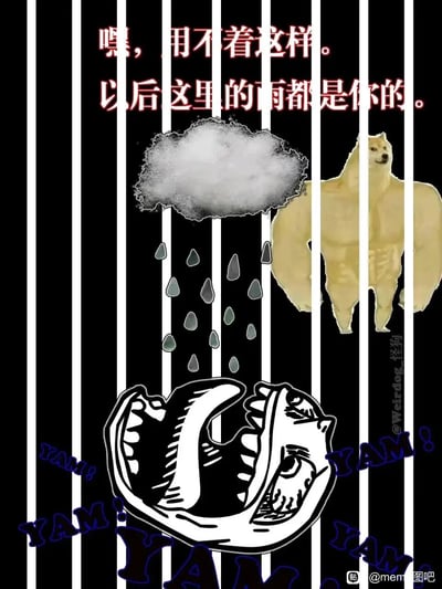 这是一张荒诞搞笑的合成网络梗图，背景采用黑色底搭配白色竖条模拟栏杆的视觉效果。画面上方是Cheems柴犬的衍生肌肉版形象，它的旁边有一朵正在降雨的手绘云朵，雨滴正落在下方大张着嘴的原创怪物口中，怪物的周围环绕着“YAM！”的拟声词，模拟其进食的声响。顶部配有红色文字“嘿，用不着这样。以后这里的雨都是你的。”，构建出一种类似“投喂”的场景，将雨水作为专属食物提供给怪物，用错位的设定和meme素材的组合，营造出无厘头的幽默感。
