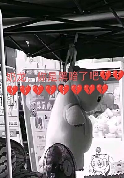 这是一张经过黑白处理的实拍梗图，画面里原本软萌可爱的奶龙玩偶被固定在类似游乐车的装置上，身体被车轮卡住，呈现出类似“被处刑”的凄惨姿态。图中叠加了醒目的红色文字“奶龙，你是黑暗了吧”，还搭配了多个破碎爱心表情，与奶龙原本的治愈系形象形成强烈反差，既让喜爱奶龙的人产生心疼感，又充满搞笑的调侃意味。背景中能看到其他奶龙玩偶和线下摊位的布置，推测拍摄于线下IP相关活动现场。