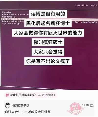 这是一张结合系统启动界面与搞笑文字的图片，核心是用反差感调侃不同学历群体的“黑化”形象：博士黑化取名“疯狂博士”会被认为拥有毁灭世界的能力，而硕士黑化叫“疯狂硕士”只会被调侃是写不出论文被逼疯；下方附带皮皮虾平台的神评，网友玩梗延伸至大专学历，称“疯狂大专”会让人联想到很会打螺丝，整体围绕学历与学术压力制造笑点，精准戳中硕博群体面临论文压力的痛点，风格轻松搞笑。