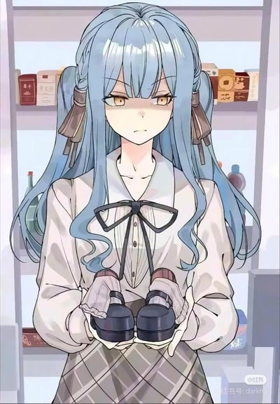 图中是一位蓝长发扎双马尾的二次元少女，她眉头紧蹙，眼神带着怒意，表情严肃，双手捧着一双小巧的深色鞋子，背景是摆放着各类瓶罐与包装盒的置物架，整体画面传递出不满、略带委屈的情绪，仿佛在对眼前的事表示抗议。图中没有双关、谐音梗或暗示内容。