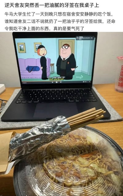 这张图是用户分享的个人生活吐槽内容，上方的配文讲述发布者作为忙碌了一天的大学生，原本想在宿舍安静吃饭，却遭遇舍友毫无预兆地将一把使用过的油乎乎的牙签扔到自己面前，还被命令吃干净牙签上的东西，为此感到非常气愤。配图为实拍的宿舍桌面场景：前景是一份装在透明餐盒里的炒面类食物，餐盒上斜放着一捆用铝箔纸包裹一端、看起来沾有油污的用过的牙签；背景是一台打开的笔记本电脑，屏幕上正在播放经过二创的《恶搞之家》动画片段，角色被换上了《哈利波特》系列的服饰，屏幕上还有对应的吐槽字幕；桌面右侧还放有一个蜜雪冰城的饮品杯。