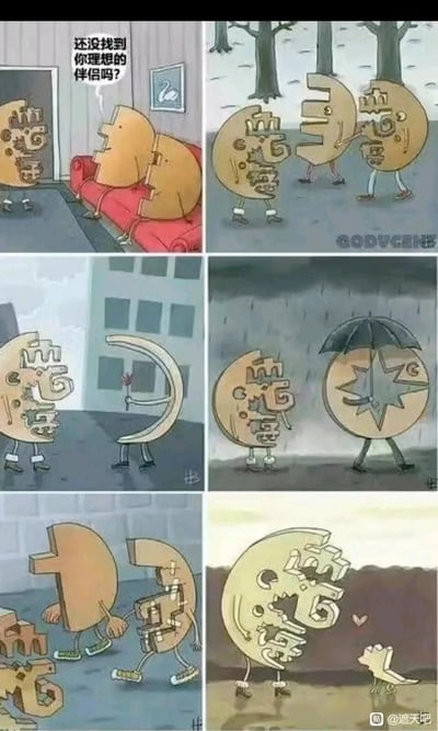 这是一组六格连环拟人漫画，主角是外形为“老”字的拼图角色。第一格中，它被沙发上的拼图角色询问“还没找到你理想的伴侣吗？”；第二格它尝试与“3”形拼图、“李”字拼图契合，均以失败告终；第三格它与手持花束的月牙形拼图互动，依然无法完美契合；第四格在雨天场景里，它和星型拼图也无法组合；第五格它似乎在拆解自身的部分结构；第六格它遇到一个小型拼图，二者完美契合，画面出现爱心，主角终于找到了适合自己的伴侣。漫画用拼图的契合关系来比喻人们寻找灵魂伴侣的过程，传达出合适的伴侣是能完美契合彼此的存在。