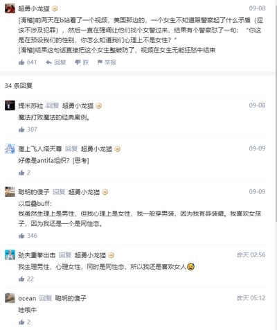 这是一张B站评论区的静态截图，楼主“超勇小龙猫”分享了自己在B站看到的美国相关视频内容：一名女生与警察发生矛盾后，坚持要求女警前来沟通，结果被警察以“你这是在预设我们的性别，你怎么知道我们心理上不是女性？”回怼，女生因此破防，视频在她的无能狂怒中结束。下方其他网友针对该趣事展开讨论：“提米苏拉”称这是“魔法打败魔法的经典案例”，“崖上飞人塔天尊”猜测相关人员是antifa组织成员，“聪明的傻子”玩梗式地叠加性别、性取向相关的设定，“劲夫重拳出击”跟风玩梗，网友ocean则对“聪明的傻子”的玩梗表示惊叹。整体内容围绕性别相关的网络梗展开，充满调侃与玩梗的趣味。