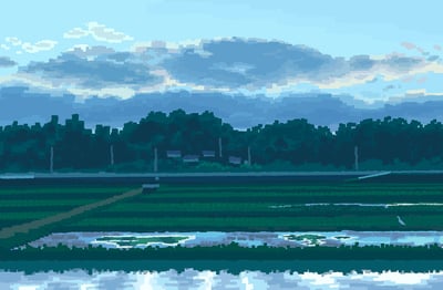 这是一幅像素风格的田园风景画，前景是倒映着天光的水田与规整的农田，中间是茂密的深绿色树林，林间隐约可见几处小屋，远处是层叠的蓝灰色山峦，天空中布满层次丰富的云朵，整体氛围宁静治愈，充满乡野自然的闲适感。