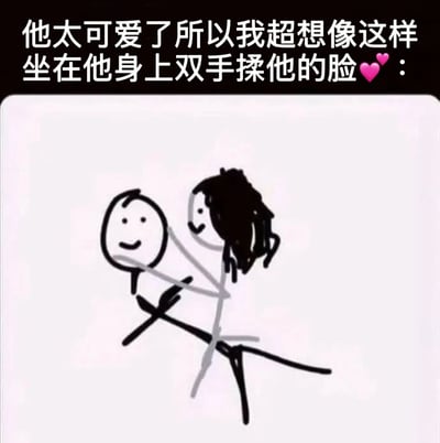 这是一张可爱风格的梗图，上方有文字说明"他太可爱了所以我超想像这样坐在他身上双手揉他的脸❤️"，下方是一幅简笔画，描绘了一个长发角色坐在短发角色身上，双手揉着短发角色的脸，两个角色都面带微笑，整体氛围轻松愉快，表达了对可爱对象的喜爱之情。