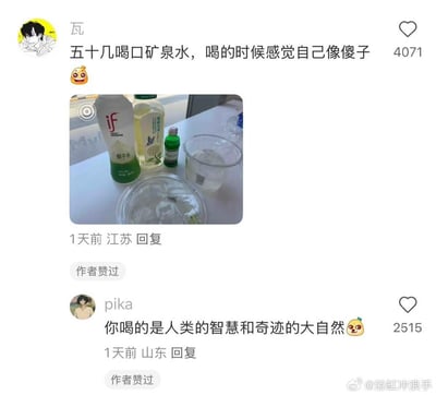 网友“瓦”在社交平台分享自己花费五十多元，用if椰子水、茉莉清茶等饮品混合出一杯外观类似矿泉水的饮品，自嘲喝的时候感觉自己像傻子。评论区网友“pika”调侃这杯饮品是“人类的智慧和奇迹的大自然”，整体内容充满搞笑的自嘲与互动趣味，没有双关或谐音梗。