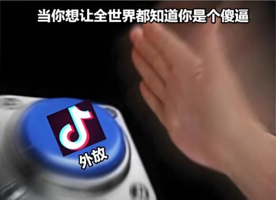 图片展示了一只手正准备按下一个带有TikTok标志的蓝色按钮，按钮上标有“外放”字样。图片上方配有文字“当你想让全世界都知道你是个傻逼”，通过幽默夸张的方式讽刺了在公共场合大声外放TikTok视频的行为。