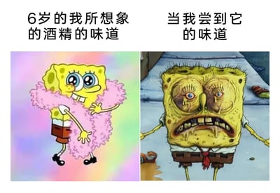 这是一张左右分栏的对比类梗图，通过海绵宝宝的两种极端形象，展现童年想象与现实体验的巨大落差。左侧区域搭配文字“6岁的我所想象的酒精的味道”，使用了动画《海绵宝宝》中的原版角色形象：海绵宝宝披着粉色绒毛披肩，在梦幻的彩虹渐变背景下欢快跳跃，双眼亮晶晶，笑容灿烂，传递出童年对酒精的认知是美好、有趣的；右侧区域搭配文字“当我尝到它的味道”，使用了经过二次创作的海绵宝宝形象：它面容扭曲憔悴，双眼布满红血丝，嘴角流着不明液体，四肢无力地耷拉着，站在散落着垃圾的脏乱地面上，生动地表现出实际尝到酒精辛辣刺激的味道后，那种痛苦崩溃的感受。整张图通过强烈的视觉反差和精准的文字搭配，幽默地调侃了想象与现实的落差，容易引发网友的共鸣。