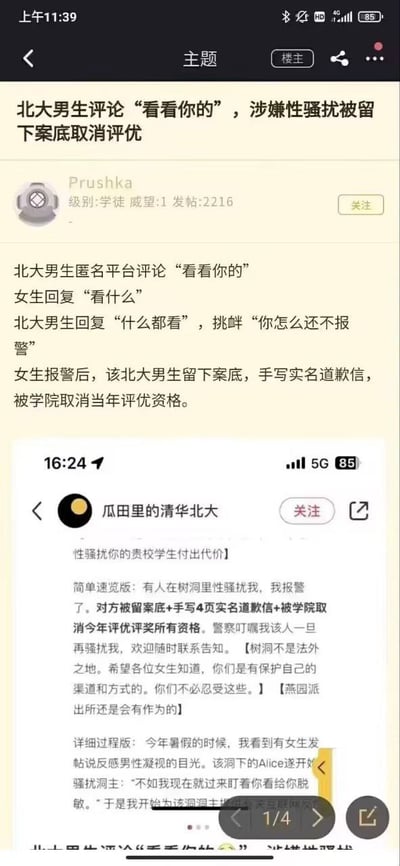 图片展示了两则关于北大男生性骚扰事件的社交媒体帖子截图。上方帖子来自用户Prushka，讲述北大男生在匿名平台评论“看看你的”，女生回复“看什么”后，男生进一步挑衅“什么都看，你怎么还不报警”。女生报警后，男生留下案底、手写实名道歉信并被取消当年评优资格。下方帖子来自“瓜田里的清华北大”账号，内容相似，强调女生有保护自己的渠道，树洞不是法外之地，并提到燕园派出所会有所作为。