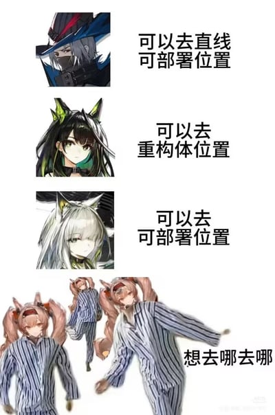 这是一张《明日方舟》相关的搞笑梗图，整体为竖版图文排版，从上到下依次展示四个游戏角色：前三位角色的配文分别对应其本身的部署机制限制，体现出不同的部署范围约束；最下方的角色安洁莉娜被P上蓝白条纹病号服，制作成多个晃晃悠悠走路的虚影，配文“想去哪去哪”，用夸张的方式调侃该干员泛用性强、部署灵活、适用场景极多的特点。