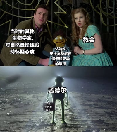 这是一张上下两格的拼接梗图，幽默地展现了遗传学历史上的一段趣事。上半部分显示达尔文夹在怀疑的生物学家和教会之间，表情困惑，配文指出他"无法完整解释遗传和变异的原理"。下半部分则以电影《哈利·波特》中伏地魔的经典出场方式，展示孟德尔手持标有"一些他妈的豌豆"的桶，以救世主姿态出现，暗示他的豌豆实验解决了达尔文理论中的关键缺陷。