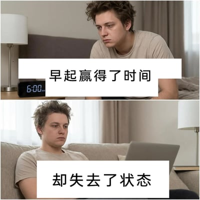 这是一张上下拼接的对比梗图，上图呈现的是清晨6点，一名男子顶着凌乱的头发坐在床边，神情疲惫、目光涣散，配文“早起赢得了时间”；下图中该男子坐在沙发上对着笔记本电脑，依旧是萎靡不振的状态，配文“却失去了状态”。这组图生动地吐槽了许多人试图通过早起获取更多时间，却因睡眠不足导致精神状态极差，无法高效开展事务的无奈日常，精准戳中了为追求“自律”早起却适得其反的群体的痛点。