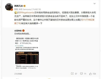 这是一张来自微博平台的社交媒体截图，整体为图文混排形式。截图上方是用户“跳跳天虎”（来自Samsung Z Fold2 5G）发布的转发内容，该用户转发了@Megalozania 的言论，内容提及日本政府使用养老金投资中国恒大集团，而当前恒大暴雷，推测恒大可能彻底破产，导致日本投入的这笔养老金无法收回，同时指出日本本身是老龄化严重的社会，该事件会让本就不充裕的日本养老金处境更加艰难，此外该用户还转发了@今天有缸复婚了吗 的内容，询问是否有大佬能翻译相关日文内容。截图下方是用户“里神楽”发布的内容，提到日本网友突然发现的消息，包含两条“紧急扩散”的内容，一条是日文：“中国恒大集团の社債保有リスト世界9位に日本の年金確立 どうすんのこれ...”，大意是中国恒大集团的公司债务持有风险列表里日本养老金排第9，这可怎么办；另一条是对应的中文翻译：“日本养老金基金在中国恒大集团全球公司债持有名单中排名第9”，同时配有一张显示相关财经数据的网页截图，截图内有日文和表格类数据。