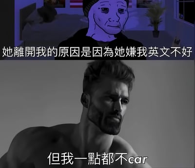 图片分为上下两部分。上半部分是紫色灯光下的房间场景，一个卡通风格的人物表情悲伤，配文“她離開我的原因是因為她嫌我英文不好”。下半部分是黑白照片，一个肌肉发达的男性表情冷峻，配文“但我一點都不car”。图中存在谐音梗，“car”是“care”的故意误写，形成“我一点都不在乎”的幽默表达。