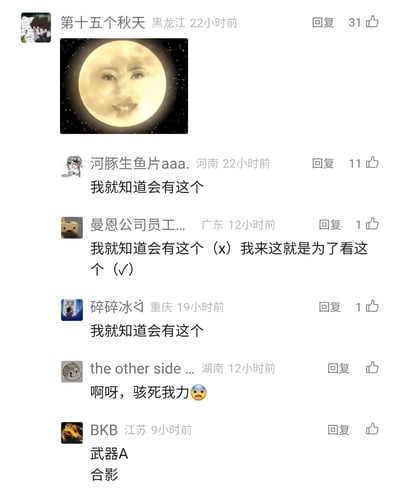 这是一段来自未知社交媒体平台的评论区截图，来自不同地区的用户围绕一张恶搞P图展开互动。来自黑龙江的用户“第十五个秋天”发布了一张将人脸合成到月亮上的P图，这张图里的月亮带有面带笑容的人脸，该评论获得31个赞。后续河南用户“河豚生鱼片aaa.”评论“我就知道会有这个”，收获11个赞；广东用户“曼恩公司员工...”用打叉打勾的方式调侃自己就是为了看这个图而来；重庆用户“碎碎冰”也表示早就预料到会出现这个图；湖南用户“the other side ...”评论称被这张图吓到；江苏用户“BKB”则玩起相关梗评论“武器A 合影”。整体评论区体现了网友对这个经典恶搞梗图的熟悉度，互动氛围轻松搞笑。