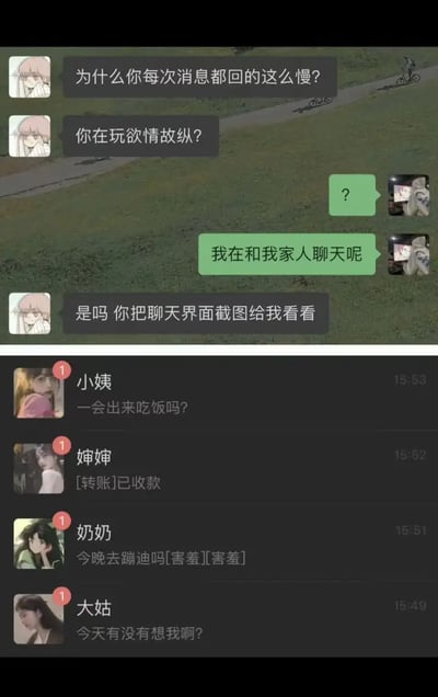 这张图用“家人聊天”作掩护，展示了情侣之间的搞笑信任危机。主人公称自己在和“家人”聊天，实际微信昵称为“小姨”“婶婶”“奶奶”“大姑”，但聊天内容却多为暧昧语气，明示其实是用亲戚名掩饰暧昧对象。这样的反差形成讽刺和幽默，非常适合用来调侃情侣间的套路或“海王”现象。

**双关/暗示说明：**
- “家人”双关指情侣外的暧昧对象。
- 昵称与内容的反差是梗的核心。