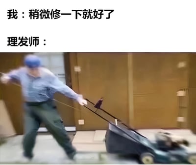 这是一张幽默对比梗图，上方文字显示顾客说'稍微修一下就好了'，而下方配图是一位理发师正拿着割草机做出准备修剪的夸张动作。通过将理发工具夸张替换为割草机，生动表现了人们常遇到的'只剪一点点'却被理发师大幅修剪的搞笑经历。