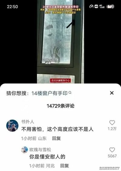 图片为社交媒体截图，显示22:50发布的一条帖子，内容为14楼住户发现窗外玻璃上有手印，配图中可见玻璃上的手印痕迹及“12月16日 湖南”“张店区融媒体中心”字样。帖子下方有14729条评论，其中高赞评论“书外人”称“不用害怕，这个高度应该不是人”获1.2万点赞，“玫瑰与雪松”回复“你是懂安慰人的”获5067点赞，整体氛围偏向网友调侃式互动。
