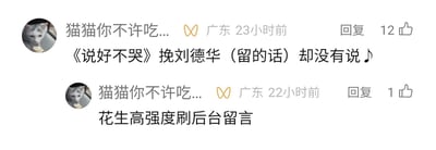 这是一张社交媒体平台的评论区截图，展示了IP归属地为广东的用户“猫猫你不许吃...”发布的两条评论。第一条评论发布于23小时前，收获12个点赞，内容是针对周杰伦的歌曲《说好不哭》创作的谐音梗，将歌词中的“留的话”谐音为“刘德华”，写成“《说好不哭》挽刘德华（留的话）却没有说♪”，带有音乐符号，模仿歌曲歌词的呈现方式；第二条评论发布于22小时前，收获1个点赞，内容为“花生高强度刷后台留言”，是用户对自己之前玩梗内容的补充说明。用户的头像是一只正在进食的猫咪，整体内容是典型的网络文字玩梗行为。