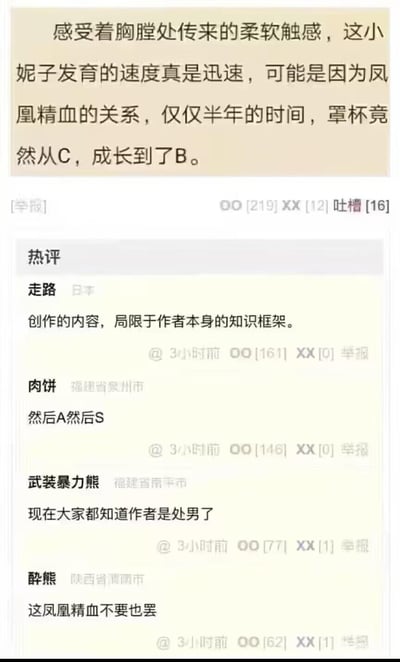 图片展示了一段网络小说的片段及其引发的网友吐槽。小说片段中描述一位女性角色因凤凰精血的关系，半年内罩杯从C成长到了B（实际上是变小而非变大），这一明显违背常识的描述引发了评论区的集体嘲讽。网友们纷纷指出作者缺乏基本常识，调侃称"现在大家都知道作者是处男了"，还有人玩梗说"然后A然后S"，暗讽这种不符合逻辑的设定。