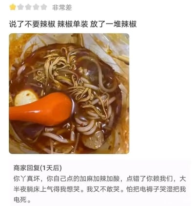 这是一张竖屏的外卖平台评价截图，属于图文混排内容。顶部显示顾客给出的一星“非常差”评价，顾客称自己备注了不要辣椒、辣椒单装，但收到的餐品里还是放了一堆辣椒，下方配图是一份浸在深红油汤里的粉面类外卖，能看到粉条、干菜、带辣点的卤蛋以及一把橙色塑料勺子。一天后商家进行了回复，回复内容充满情绪又带着搞笑的调侃，指责顾客是自己点了加麻加辣加酸的餐品，点错了却反过来赖商家，还打趣自己气得想哭但怕哭湿电褥子被电死，这种反差感的互动让原本的差评纠纷变得十分有趣。