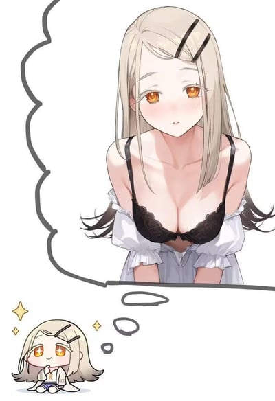 这是一张AI生成的二次元原创插画，画面分为上下两部分：上方是浅金色长发、橙黄色眼眸的成熟少女，穿着黑色蕾丝内衣，外搭的白色露肩上衣滑落，双手搭在台面上，脸颊带着羞涩的红晕；下方是同款形象的Q版少女，托着下巴，眼睛亮晶晶的，周围点缀着星星特效，通过思想泡泡与上方的成熟少女相连，生动表现出Q版少女在幻想自己长大成熟的模样，整体风格软萌又带着些许小性感。