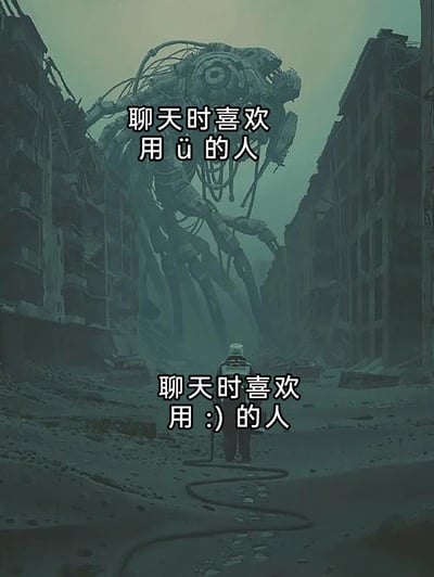 这是一张用于调侃网络聊天习惯的趣味梗图，画面采用上下对比的构图，背景是被破坏的灰暗城市街道，上方是体型庞大、外形怪异狰狞的机械类巨型怪物，搭配文字“聊天时喜欢用ü的人”，用怪物的压迫感来隐喻这类聊天习惯给人带来的强势、有存在感的感受；下方是一个背对镜头、体型渺小的人物，搭配文字“聊天时喜欢用:)的人”，用人物的渺小来隐喻这类聊天习惯给人带来的温和、弱势的感受，通过强烈的视觉反差放大两种聊天习惯的风格差异，制造搞笑效果。