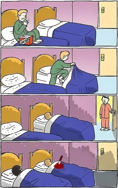 四格连环漫画描绘了一个宿舍悬疑场景：第一格中穿绿色睡衣的男孩坐在床上吃饼干，表情担忧；第二格他爬进另一张床并用被子盖住自己；第三格一个穿橙色睡衣的人开门进入房间；第四格显示穿橙色睡衣的人已躺在床上，胸口插着刀，被子上有血迹。