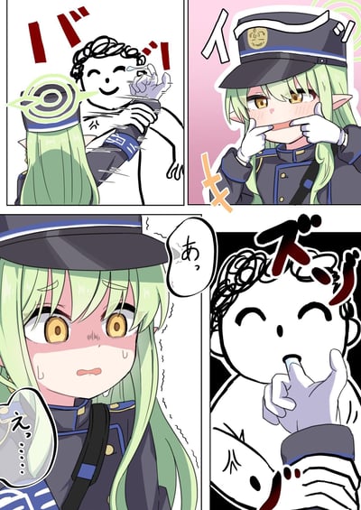 这是一幅粉丝创作的四格同人漫画，主角是手游《蔚蓝档案》中的绿发尖耳风纪委员角色光（Hikari）：
1. 第一格：角色用双手给简笔画小人摆出笑脸手势，配拟声词「バシ」；
2. 第二格：角色自己用手指把嘴巴扯成搞怪的笑脸，脸颊泛红，配拟声词「イキ」；
3. 第三格：角色突然露出慌张的表情，脸红流汗，嘴里发出「あっ」「えっ…」的惊呼声；
4. 第四格：简笔画小人反过来模仿角色的动作，把自己的嘴扯成笑脸，配拟声词「ズッ」，完成整蛊的反转。
漫画通过角色整蛊不成反被模仿的反差，制造出搞笑的效果。