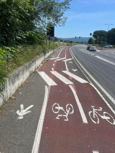 照片展示了一条红色的自行车道，路面上画有多种白色标线，包括自行车图标、骑行者图标以及不同方向的箭头，标线排列显得较为混乱，可能让骑行者感到困惑。车道旁是绿化带和道路，远处有交通信号灯和行驶的车辆，背景是蓝天和山脉，整体场景为白天户外的交通道路环境。