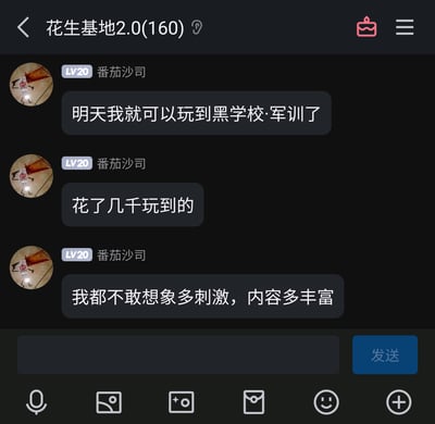 这是一张竖屏手机格式的群聊记录截图，群名称为“花生基地2.0(160)”。群成员“番茄沙司（LV20）”连续发送三条消息，分享自己即将体验一款名为《黑学校·军训》的内容，称自己花费了几千元获得体验资格，对该内容的刺激程度和丰富内容充满期待，字里行间透露出兴奋的情绪。