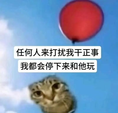 图片展示了一只猫抬头仰望漂浮在空中的红色气球，背景是蓝天白云。图片中央有两行文字："任何人来打扰我干正事 我都会停下来和他玩"，通过猫咪被气球吸引的可爱画面与文字内容形成幽默对比，表达了人们容易被干扰、拖延正事的状态。