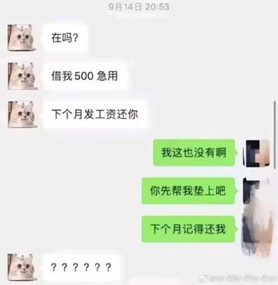 这是一张标注时间为9月14日20:53的微信聊天记录截图，画面呈现了一段充满反转的借钱对话：使用猫咪卡通头像的用户连续发送三条消息，先询问对方是否在线，接着提出借500元应急，并承诺下个月发工资后归还；而使用打码真人头像的用户没有直接拒绝，反而反套路回应自己也没有钱，要求借钱的一方先帮自己垫上，还提醒对方下个月记得归还。最后猫咪头像的用户发出六个问号，传递出明显的困惑情绪。整个对话通过反常规的回应制造出搞笑效果，调侃了日常借钱场景里的尴尬状况。