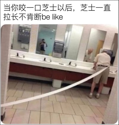 这是一张搞笑对比梗图，上方文字写着“当你咬一口芝士以后，芝士一直拉长不肯断be like”，下方配图是一位老人在公共卫生间里拉扯着超长的卫生纸，卫生纸从他手中一直延伸到画面外，形成了有趣的视觉联想，将芝士拉丝的特性幽默地比作不断的卫生纸。