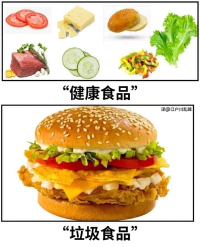 这是一张上下对比的搞笑梗图，上方展示了多种健康食材，包括番茄片、奶酪、汉堡面包、生菜、牛肉、黄瓜和彩椒，标题为“健康食品”；下方则是一个包含了上述大部分食材的巨大汉堡，标题为“垃圾食品”。图片通过幽默的方式讽刺了同样的食材分开时被视为健康食品，组合成汉堡后却被视为垃圾食品的有趣现象。