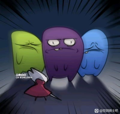 这是一张跨IP二次创作的搞笑梗图，画面中《空洞骑士》里的黄蜂女手持针刃，面对三个表情极度不爽、面色不善的彩色团子（绿、紫、蓝三色），背景的放射状线条强化了被包围的压迫感，将严肃的游戏角色与滑稽的meme形象结合，营造出紧张又荒诞的氛围。图中没有双关、谐音梗或暗示内容。