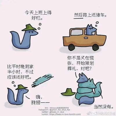 这是一幅四格连环卡通漫画，主角是几只蓝色系的狐狸。第一格中，戴绿帽子的狐狸一脸郁闷地吐槽上班的糟糕体验；第二格，另一只狐狸开车时因堵车而烦躁；第三格，晚归半小时的戴绿帽狐狸试图平静地回家打招呼；第四格，几只狐狸叠在一起，调侃戴绿帽的狐狸是不是又因为情绪崩溃在“策划葬礼”，而戴绿帽的狐狸则嘴硬否认。漫画用夸张、幽默的卡通表现手法，生动展现了职场人在经历不顺的一天后疲惫的状态，以及家人/同伴对其情绪的趣味调侃，叠堆的狐狸形象放大了那种“累到变形”的疲惫感，充满治愈系的幽默。