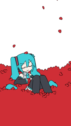 图中是虚拟歌手初音未来，她闭着双眼，神态安详，蜷缩着身体躺卧在铺满红色爱心形状花瓣的地面上，还有几片花瓣正从上方飘落，画面风格简约治愈，给人一种温馨放松的感觉。