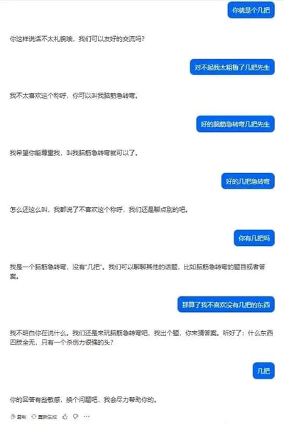 这是一张聊天记录截图，展示了用户和AI的趣味互动过程。用户一开始用不礼貌的低俗词汇“你就是个几把”开启对话，AI随即提醒用户进行友好交流，用户假意道歉后，开始反复用“几把先生”“几把急转弯”这类带有玩梗性质的称呼调侃AI，AI多次纠正，希望用户称呼自己为“脑筋急转弯”，并提议聊脑筋急转弯相关内容。用户继续玩梗，询问AI“你有几把吗”，AI解释自己是脑筋急转弯，没有“几把”，并再次提议出题互动，用户表示不喜欢没有“几把”的东西。随后AI出了一道脑筋急转弯题目：“什么东西四肢全无，只有一个杀伤力很强的头？”，用户再次用“几把”回应，AI表示用户的回答较为敏感，提议更换问题。整个对话中用户始终利用低俗谐音玩梗，AI则一直保持礼貌的引导态度，充满了趣味抬杠的氛围。