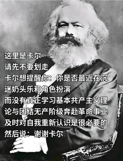 这是一张黑白历史照片改编的梗图，主体是卡尔·马克思的经典肖像。图片通过第一人称口吻，幽默地借用马克思的形象，提醒人们不要沉迷于"奶头乐"和角色扮演等娱乐活动，而应该关注共产主义理论学习和无产阶级团结。这种将严肃历史人物与现代网络用语结合的方式，形成了鲜明的反差萌和讽刺效果。