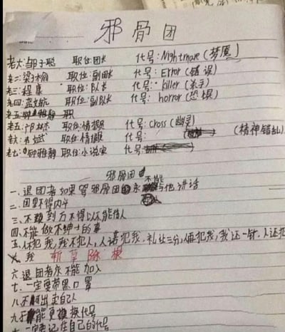 图片展示了一页手写笔记本内容，标题为“邪骨团”，上方是成员名单，列出从“老大”到“老七”的姓名、职位及代号（部分含英文如“Nightmare（梦魇）”“killer（杀手）”），下方为团规，共十条左右，包含退团规定、禁止内斗、代号使用等。字迹为手写，有涂改和划掉痕迹，整体风格像是学生间趣味角色扮演的创作。