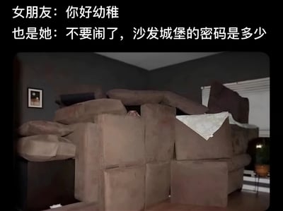 图片上方配有两行文字，分别为“女朋友：你好幼稚”和“也是她：不要闹了，沙发城堡的密码是多少”，幽默展现了女朋友的反差行为。下方是一张实拍照片，显示一个房间内用沙发靠垫、坐垫和沙发部件搭建出的大型“沙发城堡”，结构复杂，充满童趣。
